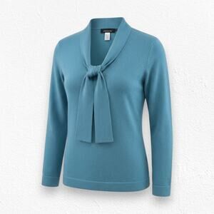 Jones New York Aqua Blue 100% Cashmere Bow Tie Neck Sweater Top Size Medium